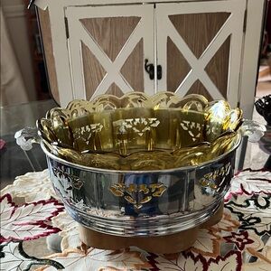 Vintage gold/amber glass serving dish with elegant metal holder/carrier